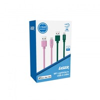 Laser MFi Lightning to USB-A Fast Charging 2m Cable 2 Pack Pink & Green