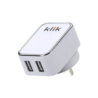 Klik Dual Port USB Wall Charger 15W White Suits iPhone iPad iPod Smartphone Tablet