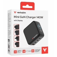 Verbatim Mini GaN Charger 140W 4 Port Wall Charger 3 USB C 1 USB A Display