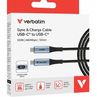 Verbatim Sync & Charge USB-C to USB-C Cable, 100W PD 3.0 + QC 3.0, LED power display, 480Mbps data, Kevlar core, 30,000 bend tested, 120cm