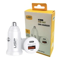 USP 43W Dual Port Fast Car Charger - White, 1xUSB-C(25W), 1xUSB-A(18W QC 3.0), Compact & Lightweight, 5 Years Warranty