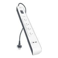 Belkin SurgePlus 4-Outlet 2-Meter Surge Protection Strip With Two (2.4) Amp USB Charging Ports - White (BSV401au2M), 2M Power Cord, 2 Years Warranty