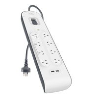 Belkin SurgePlus 8-Outlet 2-Meter Surge Protection Strip With Two (2.4) Amp USB Charging Ports - White (BSV804au2M), 2M Power Cord, 2 Years Warranty