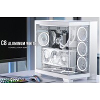 Antec C8 Aluminum White E-ATX Seamless Edge View Front and Side, USB-C, 4mm Tempered Glass, 360mm liquid cooler top, bottom, side. 2x USB 3.0 Case.