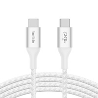 Belkin BoostCharge Braided USB-C to USB-C PD 3.1 Cable (2M) - White (CAB015bt2MWH), 5A/240W, 480Mbps, 30K+ Bends, Apple iPhone, 2 Years Warranty