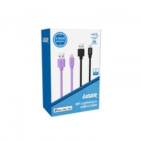 Laser MFi Lightning to USB-A Fast Charging 2m Cable 2 Pack Black & Purple