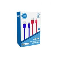 Laser MFi Lightning to USB-A Fast Charging 2m Cable 2 Pack Red & Blue