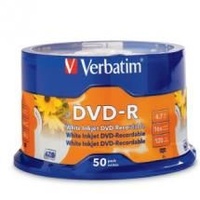 Verbatim DVD-R 4.7GB 50Pk White InkJet 16x Speed Advanced Azo Recording Dye