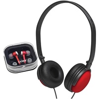 Foldable Headphones & Earphones Kit 2-IN-1 Combo Pack Red Adjustable headband
