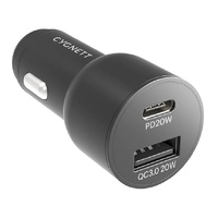 Cygnett CarPower 20W Dual Port Car Charger with 20W USB-C PD + 20W QC 3.0 USB-A-Black(CY3637CYCCH), Fast Charge, Max 20W, 2 Years Warranty