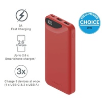 Cygnett ChargeUp Boost 3rd Gen 10K mAh Power Bank -Red(CY4343PBCHE),1x USB-C(15W),2x USB-A(12W),15cm USB-C Cable, Charge 3 Devices, 2 Years Warran
