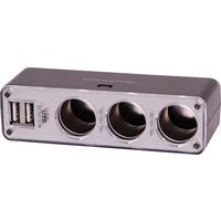 Triple Car Accessory Socket Adapter Two USB Device Charging Ports 