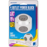 Jackson 4 Way Power Block With USB Charging Outlets 2.1A 0.9M White/Grey