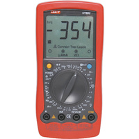 Digital multimeter on screen test lead connection prompts