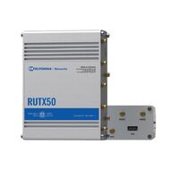 Teltonika Industrial 5G Router, 5G dual SIM cellular, 5 Gigabit Ethernet ports, dual-band WI-Fi, comes with the RutOS operating system, PSU included