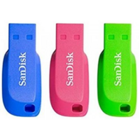 SanDisk Cruzer Blade USB Flash Drive, CZ50 32GB, USB2.0, Triple Pack, Blue, Pink, Green, compact design, 5Y
