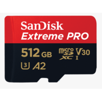 SanDisk Extreme Pro microSDXC, SQXCZ 512GB, V30, U3, C10, A2, UHS-I, 170MB/s R, 90MB/s W, 4x6, SD adaptor, Lifetime Limited