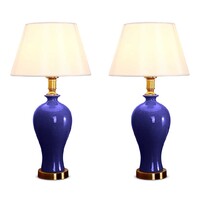 SOGA 2X Blue Ceramic Oval Table Lamp with Gold Metal Base