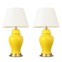 SOGA 2X Oval Ceramic Table Lamp with Gold Metal Base Desk Lamp Yellow