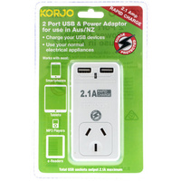 Korjo 2 Port USB And Power Adaptor Australia Only