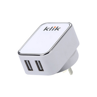 Klik 15W Dual Port USB Wall Charger suits iPhone iPad iPod Smartphone Tablet White
