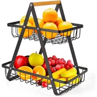 CARLA HOME 2-Tier Fruit Basket Stand for Kitchen Countertop for Fruits, Vegetables, Bread & Snacks with Wooden Handle