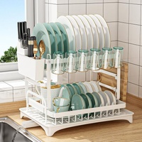 CARLA HOME 2-Tier Dish Drying Rack with Drainage Tray, Utensil Holder, Cup Hooks & Cutting Board Slot for Countertop Kitchen Storage (White)