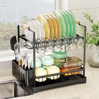 CARLA HOME 2-Tier Large Dish Drying Rack with Drainboard, Utensil Holder, Glass Hooks & Cutlery Storage (Black)