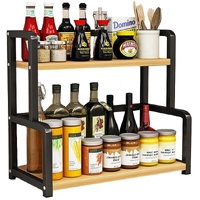 CARLA HOME 2-Tier Wooden Kitchen Countertop Spice Rack for Storage of Condiments, Oils, Jars & Seasoning Bottles
