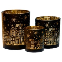 Christabelle Christmas Candle Jar Set Of 3 Black And Gold Holiday Candle Holders
