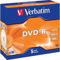 DVD-R 4.7Gb 1-16X 5 Pack Jewel Cases Verbatim