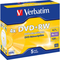 Verbatim 1-4X 4.7GB Recording Speed 5PK DVD+RW IN Jewel Case For Sony HP Dell 