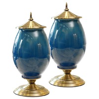 SOGA 2X 40cm Ceramic Oval Flower Vase with Gold Metal Base Dark Blue