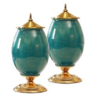 SOGA 2X 40cm Ceramic Oval Flower Vase with Gold Metal Base Green