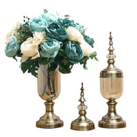 SOGA 2X Clear Glass Flower Vase with Lid and Blue Flower Filler Vase Bronze Set