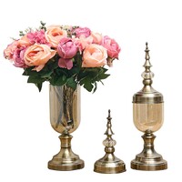 SOGA 2X Clear Glass Flower Vase with Lid and Pink Flower Filler Vase Bronze Set