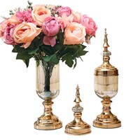 SOGA 2X Clear Glass Flower Vase with Lid and Pink Flower Filler Vase Gold Set