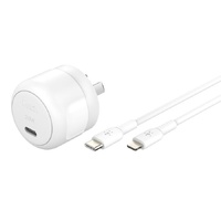 Belkin BoostCharge Compact 30W USB-C PD 3.1 Wall Charger + USB-C to Lightning Cable - White (WCA008au1MWH-B5), Apple, 2 Years Warranty