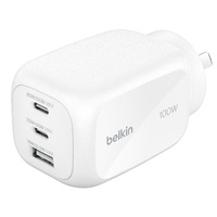 Belkin BoostCharge Pro 100W 3-Port GaN Wall Charger - White (WCH016AUWH), 2x USB-C, 1x USB-A, Compact Laptop Charger, CEW $2500, 2 Years Warranty