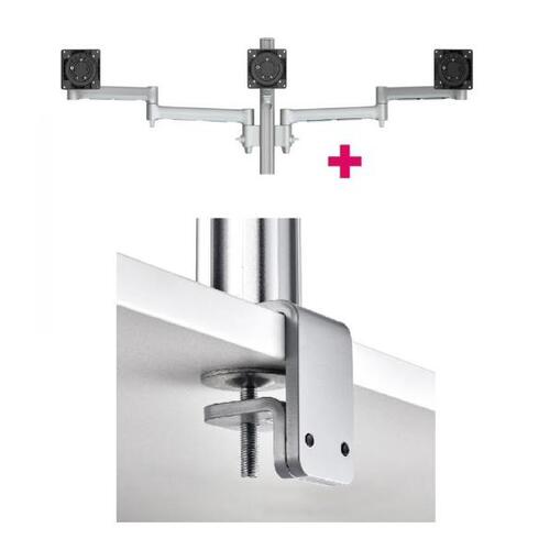 Atdec AWMS-3-13714 Triple Monitor Arms + 400mm Post / 12kg (26.5lb) Flat Screens, 10kg (22lb) Curved Screens + F Clamp Desk Fixing, Silver