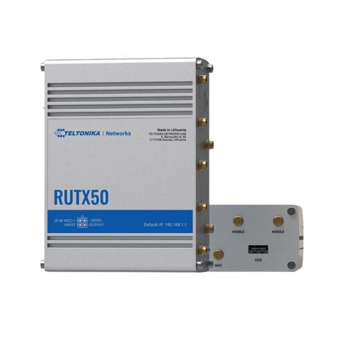 Teltonika Industrial 5G Router, 5G dual SIM cellular, 5 Gigabit Ethernet ports, dual-band WI-Fi, comes with the RutOS operating system, PSU included