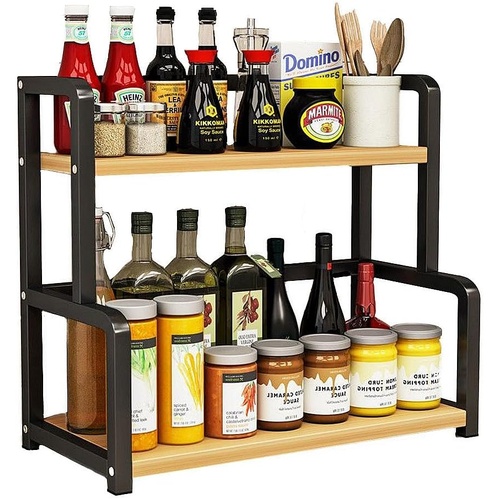 CARLA HOME 2-Tier Wooden Kitchen Countertop Spice Rack for Storage of Condiments, Oils, Jars & Seasoning Bottles